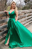 Simple V Neck Green Long Prom Dresses Emerald Summer Maxi Dress