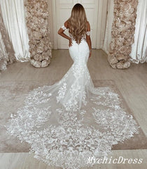 Vintage Lace White Wedding Dresses Embroidery Off the Shoulder Bridal Gown MyChicDress