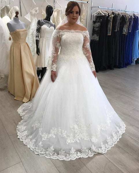 Plus size off the shoulder long sleeve wedding dress new arrivals