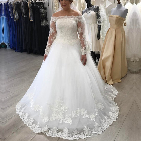 Vintage Off The Shoulder Lace Plus Size Wedding Dresses Long Sleeves MyChicDress