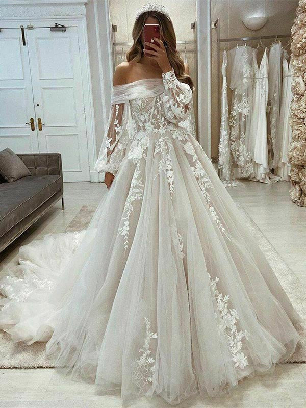 Long Puff Sleeve Lace Wedding Dresses