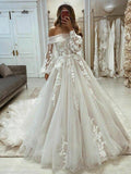 Gorgeous Long Puff Sleeve Beach Tulle Lace Wedding Dresses A Line