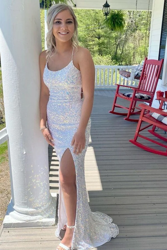 White Iridescent Sequins Formal Dress Long Backless Mermaid Prom Dress MyChicDress White Iridescent Sequins Formal Dress Long Backless Mermaid Prom Dress MyChicDress