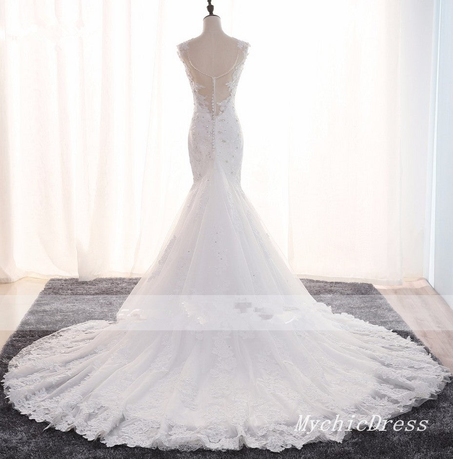 White Long Mermaid Lace Crystals Vintage Wedding Dresses MyChicDress