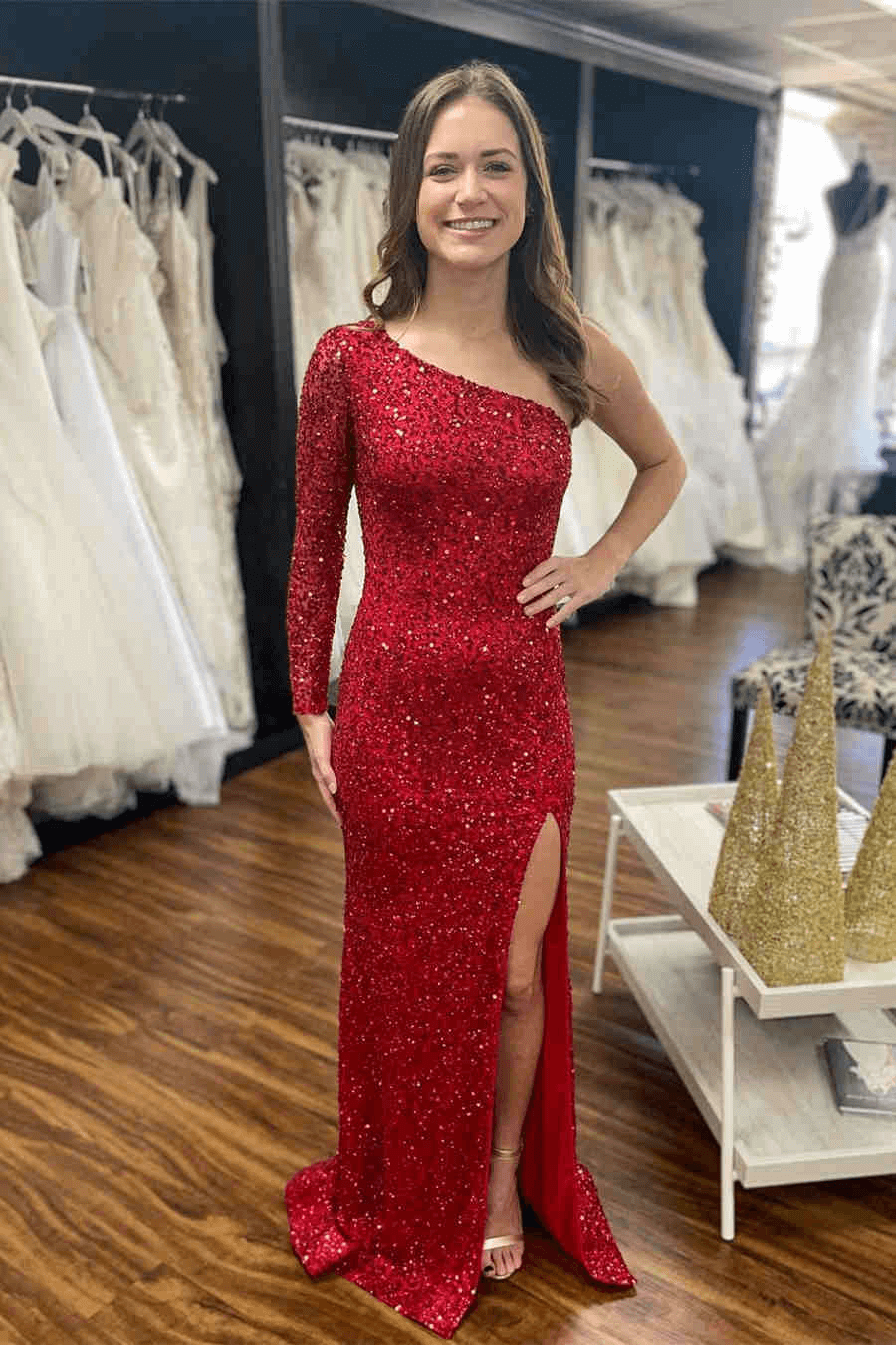 White Sequin Prom Dresses Iridescent Glitter One Shoulder Long Formal Dress with Sleeves US0 Dark Red