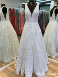 Sparkly Sequin Memmaid Sleeveless Iridescent White Prom Dresses with Split