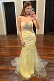 Yellow Floral Lace Long Prom Dress Mermaid Sweetheart Graduation Dresses