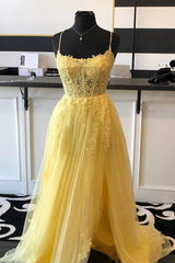 Yellow Prom Dresses Lace Floral A Line Open Back Split Formal Evening Gowns