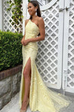 Yellow Lace One Shoulder Prom Dresses Long Mermaid Formal Dresses UK