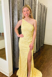 Yellow Long One Shoulder Prom Dresses sequin Mermaid Evening Dresses