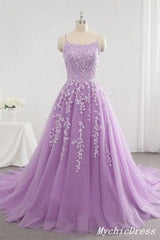 A Line Lace lavender Prom Dresses Spaghetti Straps Applique Long Evening Dress - MyChicDress