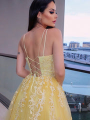 A Line Lace Long Sleeveless Prom Dresses Yellow Spaghettis Straps - MyChicDress
