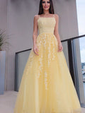 A Line Lace Long Sleeveless Prom Dresses Yellow Spaghettis Straps - MyChicDress