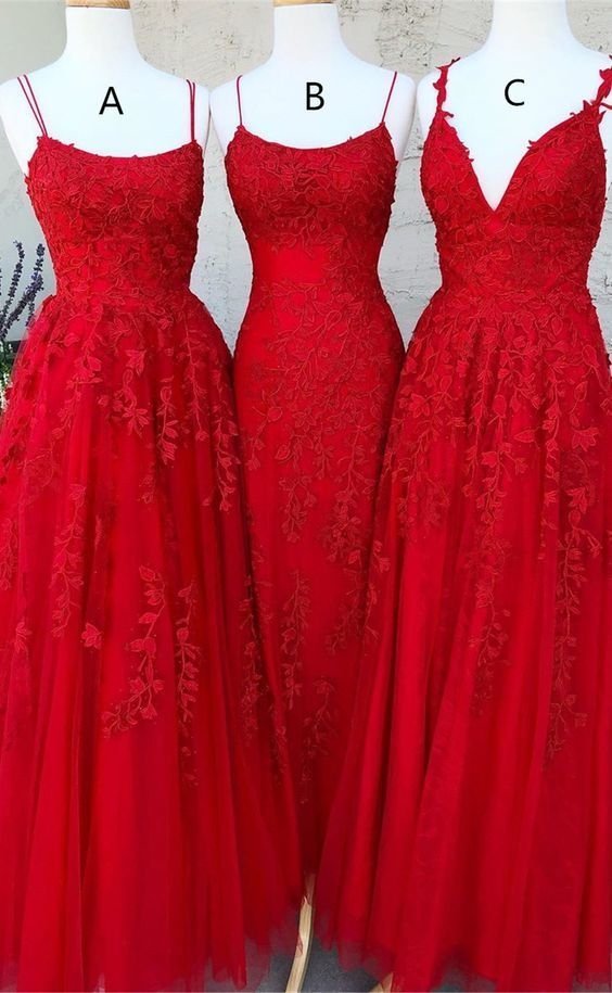 A Line Lace Red Prom Dresses Long Spaghetti Back Crossed - MyChicDress