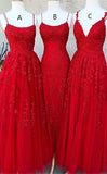 A Line Lace Red Prom Dresses Long Spaghetti Back Crossed - MyChicDress