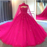 Hot Pink Quinceanera Dresses Sweet 16 Ball Gown Detachable Cape