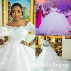 African Wedding Dresses Lace Half Sleeves Applique Ball Gown Bridal Gowns