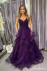 A Line Purple Tiered Prom Dresses Sequin V Neck Spaghetti Straps Tulle Evening Dress UK