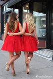 A Line Short Lace Homecoming Dresses V Neck Beaded Cocktail Dress