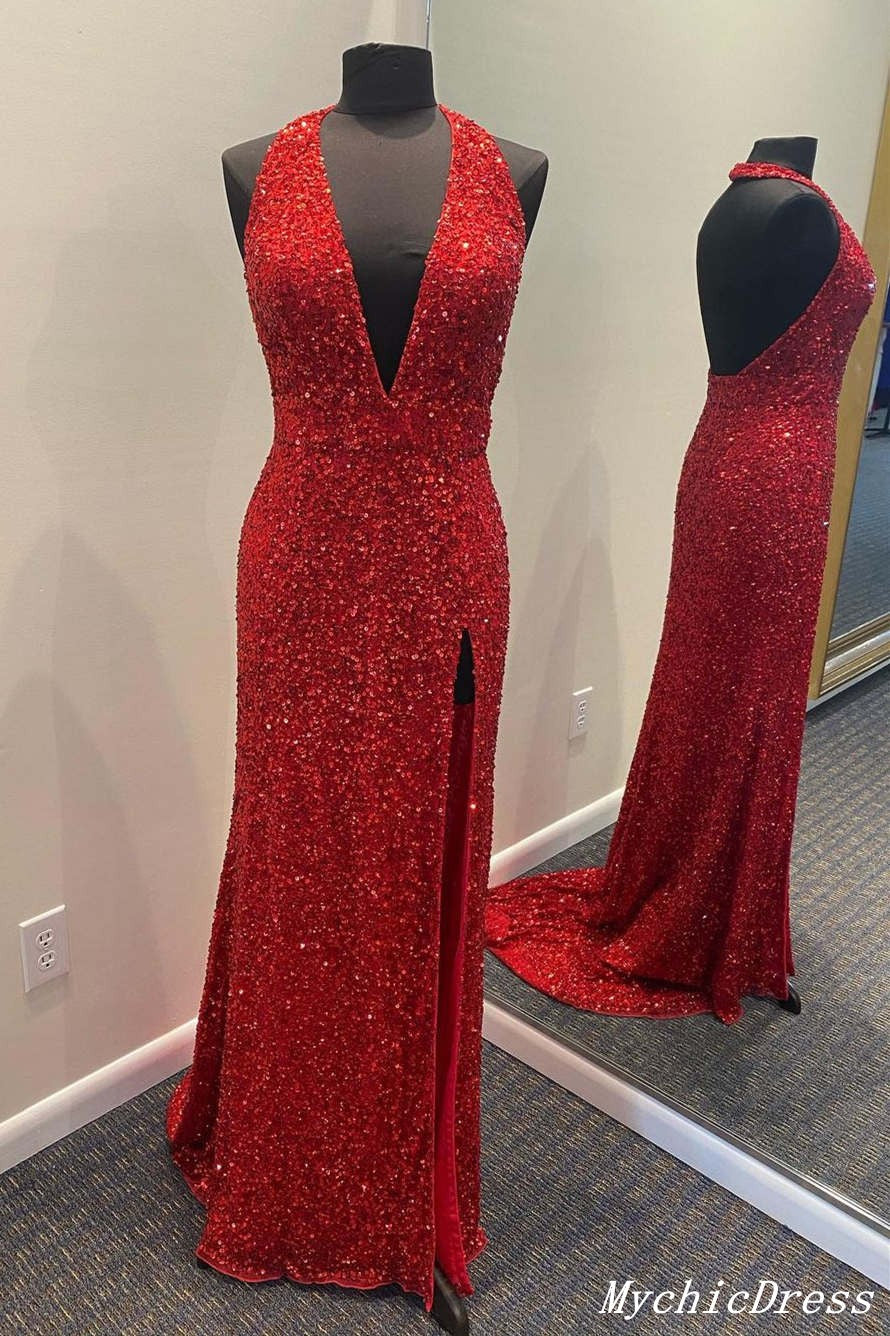Long V Neck Halter Sequin Prom Dresses Red Evening Gown with Split ...