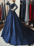 A Line Prom Dresses Navy Blue Long Sleeves Appliques V Neck Evening Gown