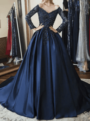 2024 A Line Prom Dresses Navy Blue Long Sleeves Appliques V Neck Evening Gown