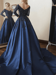 2024 A Line Prom Dresses Navy Blue Long Sleeves Appliques V Neck Evening Gown