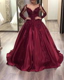 Burgundy Long Sleeves Satin Prom Dresses Ball Gown Sweet 16 Dresses