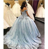 Light Blue Sweet 15 Dresses Ball Gown Lace Appliques off Shoulder Quinceanera Dress