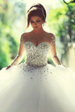 Gorgeous Crystals Tulle Vintage Ball Gown Wedding Dress Long Sleeves