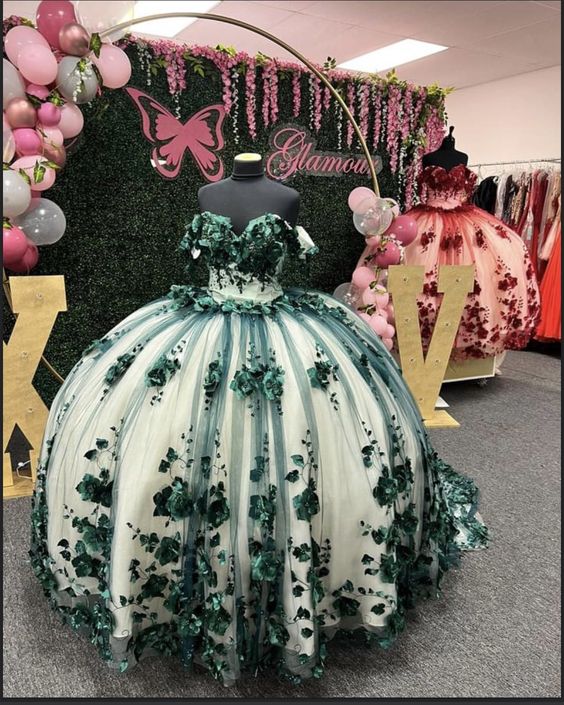 3D Flowers Emerald Green Quinceanera Dress