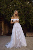 Simple A Line Beach Wedding Dresses White Tulle Off Shoulder Bridal Gown