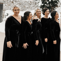 Long Sleeves Black Velvet Bridesmaid Dresses Winter Floor Length
