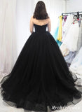 A Line Tulle Black Prom Dresses UK Sweetheart Strapless Long Evening Gown