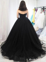 A Line Tulle 2024 Black Prom Dresses UK Sweetheart Strapless Long Evening Gown