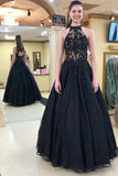A-Line Black Halter Long Prom Dresses Lace Halter Formal Evening Dresses