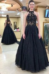A-Line Black Halter Long 2024 Prom Dresses Lace Halter Formal Evening Dresses