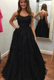 Floor Length Long Black Prom Dresses Lace Spaghetti Straps Evening Gown