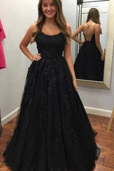 Floor Length 2024 Long Black Prom Dresses Lace Spaghetti Straps Evening Gown