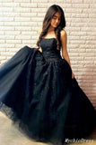 Black Prom Dresses 2023 A Line Strapless Long Lace Evening Dresses