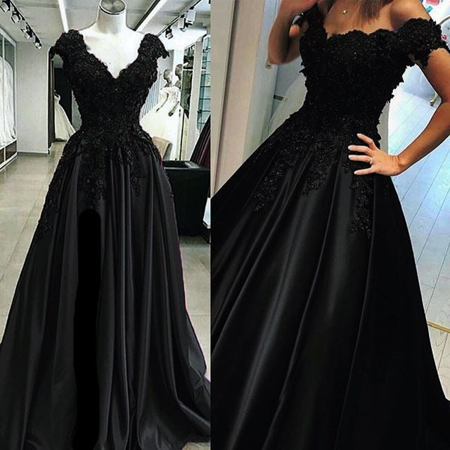 Black Lace A Line Prom Dresses