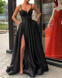 A Line Black Prom Dresses Long Evening Gowns Spaghetti Straps