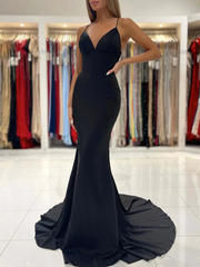 Simple Cheap Black Evening Dresses Mermaid V Neck Satin Prom Dress