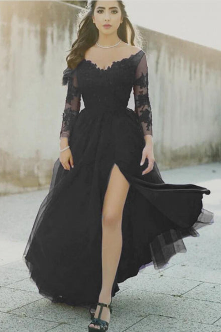 Simple Black Long One Shoulder Slit Mermaid Prom Dresses – misshow.com