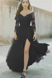 Sexy A Line Black Lace Long-Sleeved Slit Prom Evening Dresses