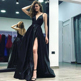 A-Line Black Prom Dresses Spaghetti Straps Slit Evening Dresses Long