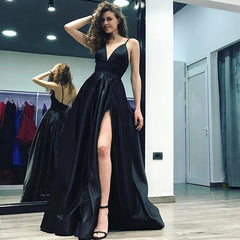 2024 A-Line Black Prom Dresses Spaghetti Straps Slit Evening Dresses Long