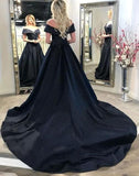 Cheap Off the Shoulder Satin Black Evening Gowns A Line Prom Dresses