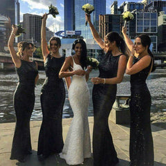 Long Black Sequin Bridesmaid Dresses Mermaid Sleeveless
