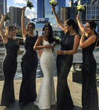Long Black Sequin Bridesmaid Dresses Mermaid Sleeveless